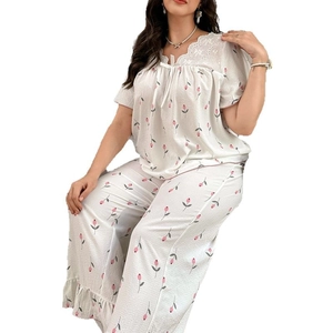 Women's pajama set with pink tulip prints and lace V-neck top in loose white cotton