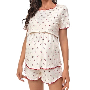 Two-piece cherry print nursing pajamas set with short sleeves and ruffled red edges