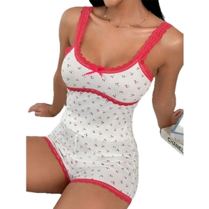 Women's two-piece cherry print pajama set with red lace trim and camisole top