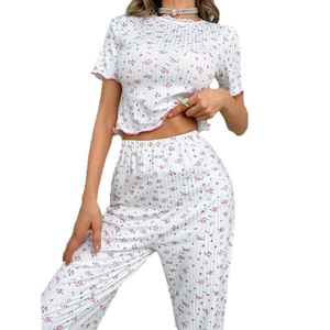 Women's two-piece floral pajama set with short sleeve round neck top and long pants