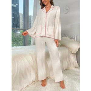 Women's cream white pleated pajama set with pink piping and long sleeves loungewear
