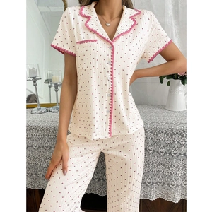 Women heart print pajamas set with short sleeve lapel top and long pants in ribbed fabric