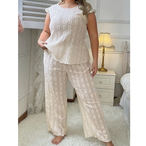 Plus Size Women Hollow Out Lace Pajama Top And Bottom Western Style Eyelet Embroidery Loungewear Summer Sleepwear Set