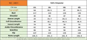 Detailed size guide for women's plus size pajama set with 1XL-4XL measurements table