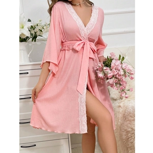 Elegant pink lace V-neck sleepwear robe with belted waist and white floral trim detail