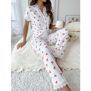 Women's V-neck cherry print pajama set with lace trim and comfortable short sleeves