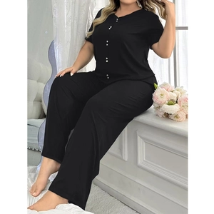 Women's black V-neck short sleeve pajama set with wide-leg trousers for home comfort