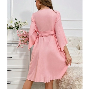Elegant pink lace robe with flared sleeves and a belted waist for stylish loungewear