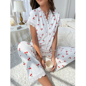 Women's V-neck cherry print pajama set with white lace trim and short sleeves