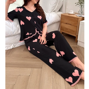Women black heart print pajama set with short sleeve top, long pants and lace trim
