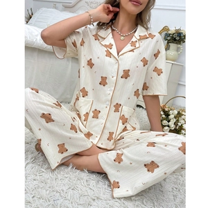 Women's Cartoon Bear Print Pajama Set Lapel Short Sleeve Button Top And Long Pants Loose Loungewear Sleepwear Homewear