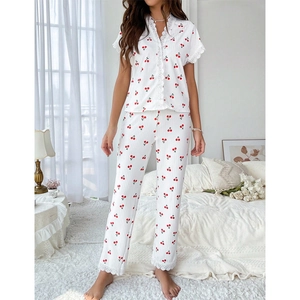 Women's V-neck cherry print pajama set with lace trim and short sleeves loungewear