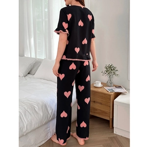 Women's heart print pajama set with short sleeve top, long pants and pink lace trim