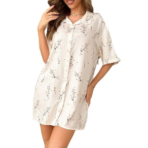 Camicia da notte donna corta a maniche corte con stampa floreale e colletto a risvolto