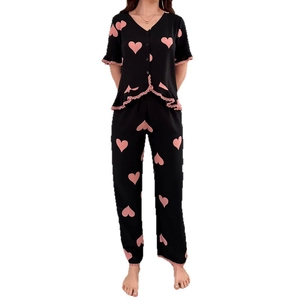 Women heart print pajama set with short sleeve V-neck top and long pants in black