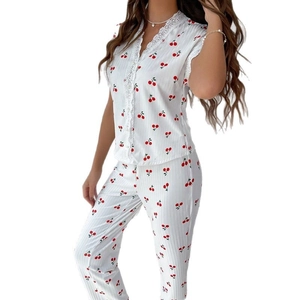 Women's V-neck cherry print pajamas set with white lace trim and short sleeves