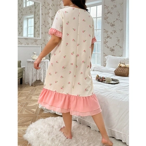 Floral short sleeve nightgown for women with pink ruffles in a soft creamy white finish