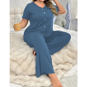 Ensemble de Pyjama Grande Taille pour Femmes Haut Et Bas Manches Courtes Tricot Côtelé Loungewear Avec Boutons Décoratifs
