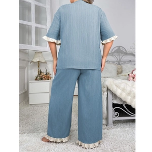 Blue V-neck oversized pajama set with ruffle trim and textured fabric for women