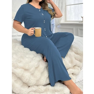 Ensemble de pyjama grande taille en maille côtelée bleu poudré pour femmes