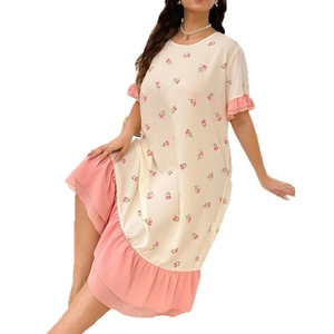 Short sleeve floral nightdress with pink ruffled hem and tulip patterns for women