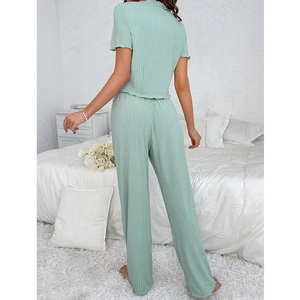Mint green ribbed short sleeve pajamas set with ruffle hem and high waist pants