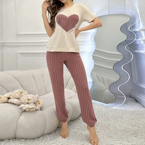 Chic striped pajama set with short-sleeved heart top and long trousers for women