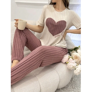 Women stripe pajama set with short sleeve love embroidery and long pants loungewear