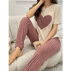 Women stripe knit pajama set with short sleeve love print top and long pants in cream pink