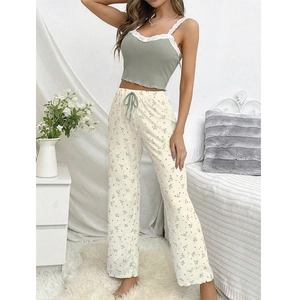 Green lace camisole and floral print pants two-piece loungewear set for women