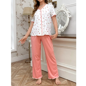 Women Sweet Rose Floral Pajamas Short Sleeve V-Neck Button Down Top And Long Pants Lettuce Edge Home Clothing
