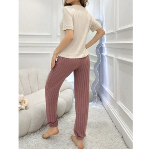 Women stripe pajama set with cream short sleeve top and pink ribbed lounge pants