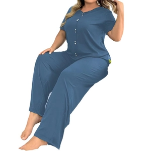 Ensemble pyjama bleu en maille gaufrée avec haut boutonné à col V et pantalon long
