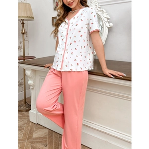 Women's floral pajama set with pink contrast trim and rose patterns for summer comfort