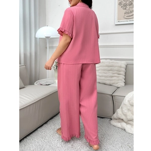 Pink plus size short sleeve pajama set with lace trim and vertical striped texture