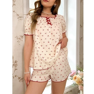 Ensemble pyjama 2 pièces pour femmes avec imprimé cerises, nœud et manches bouffantes