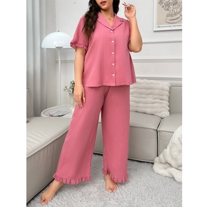Plus size pink pajama set with short sleeves, lapel collar and lace trim for women