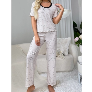 Short sleeve two-piece pink polka dot pajama set with lace neckline for women