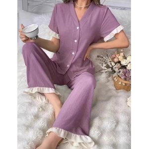 Lilac V-neck short sleeve pajama set with white ruffle trim and button cardigan top