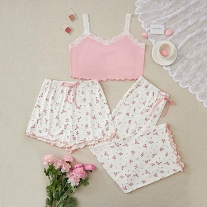 Women's 3-piece floral pajama set with pink lace camisole and rib-knit lounge wear
