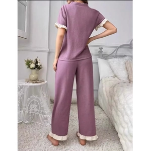 Liliac purple short sleeve pajama set with contrast ruffles for summer loungewear