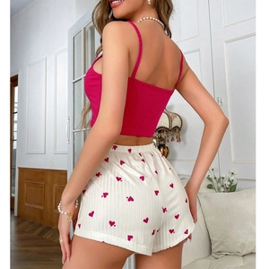 Women's two-piece heart print rib loungewear set with fuchsia camisole and white shorts
