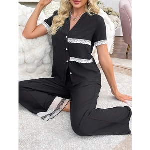 Women V-Neck Short Sleeve Top And Long Pants Loungewear With Lace Trim Button Down Pajamas Comfortable Sleepwear For Women