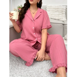 Plus size women's rose pink loungewear set with short sleeve top and long pants