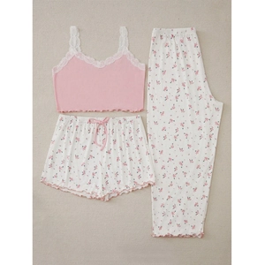 Three-piece floral pajama set with pink lace camisole, shorts, and trousers for women