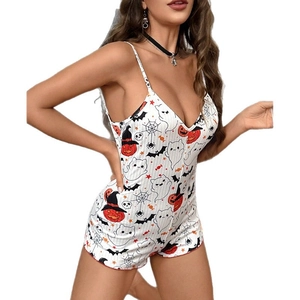 Women's Halloween romper with pumpkin, ghost, and bat print in a slim fit design