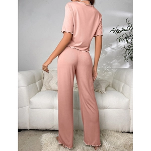 Pink sweet pajamas set with round neck short sleeves and ruffled trim for home wear