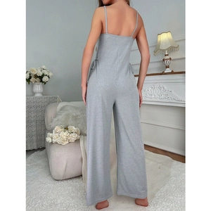 Grey ribbed knit jumpsuit with spaghetti straps and wide-leg design for women lounging