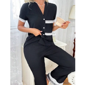 Women's black V-neck lace short sleeve pajama set with long pants and button detail