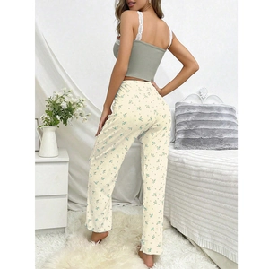 Lace sage green camisole and floral trousers two-piece loungewear set for women